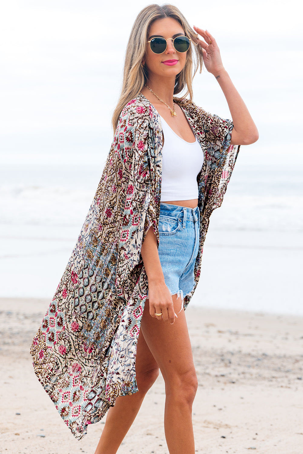 Love Salve  Apricot Floral Print Short Wide Sleeve Open Love Salve